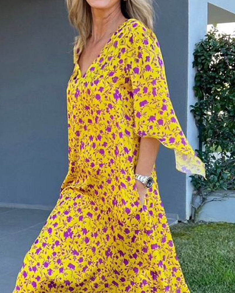 Casual V-neck Printed Loose Dress