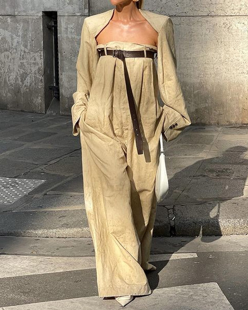 Solid Color Tube Top Wide Leg Jumpsuit & Waistcoat Outer Two Piece Set