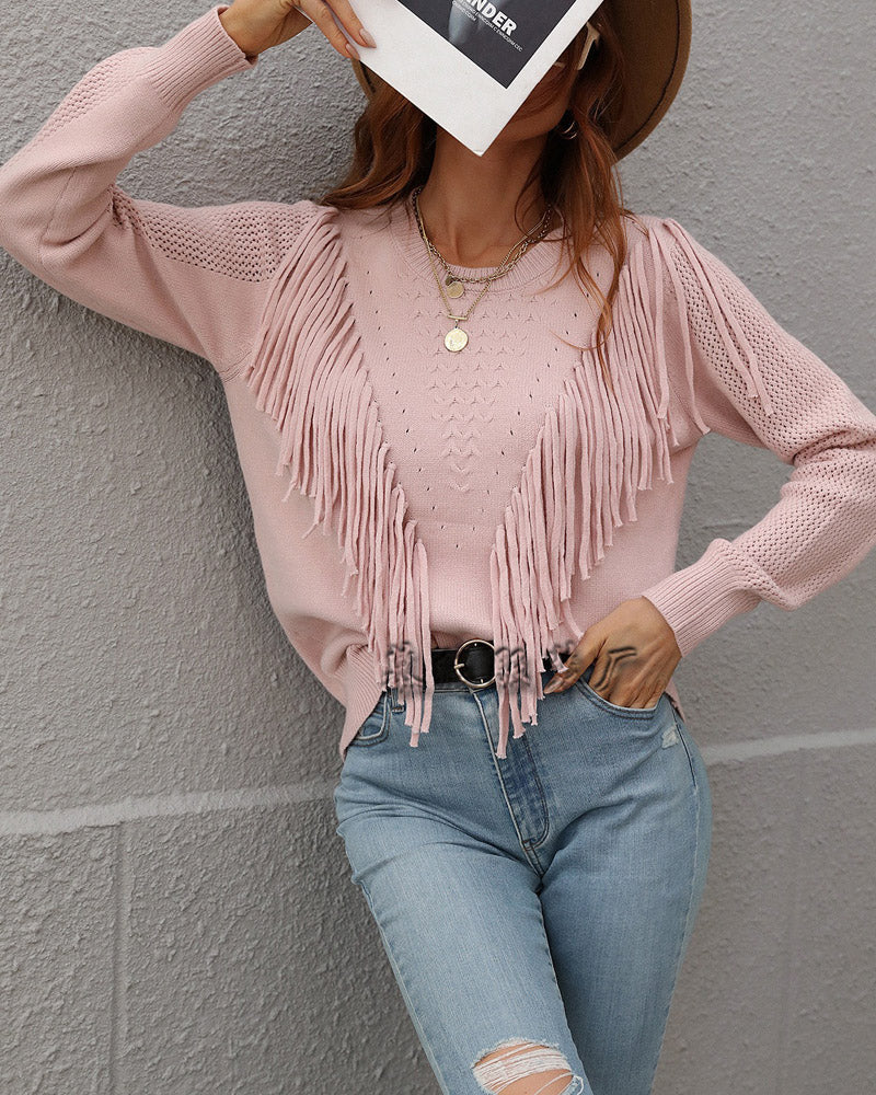 Solid Knit Turtleneck Fringed Sweater