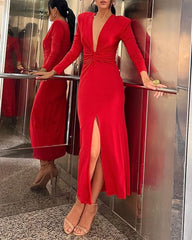 Fashion Solid Color V-neck Long-sleeved Dress