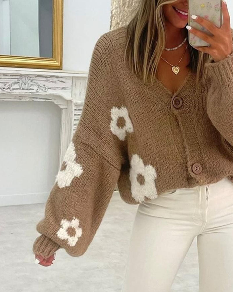 Casual V-neck Floral Sweater Cardigan