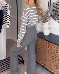 V-neck Striped Top & Casual Pants Two-piece Set