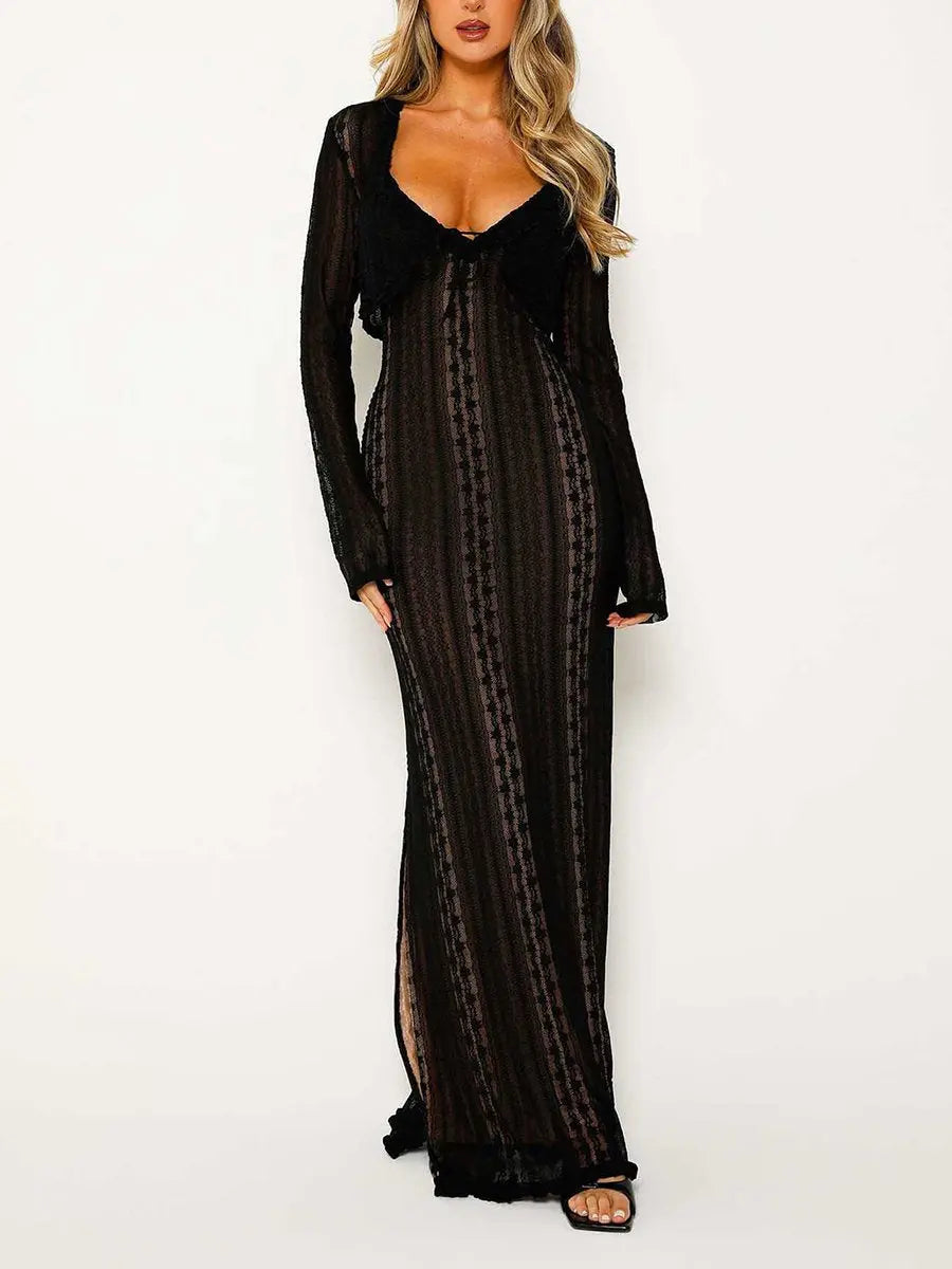 Cardigan V-neck Slit Long Dress