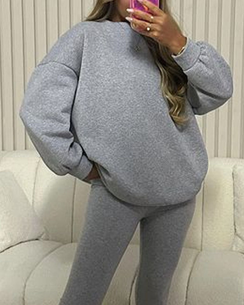 Casual Solid Color Sweatshirt & Pants Two-piece Set