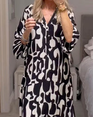 Casual V-Neck Long Sleeve Print Dress