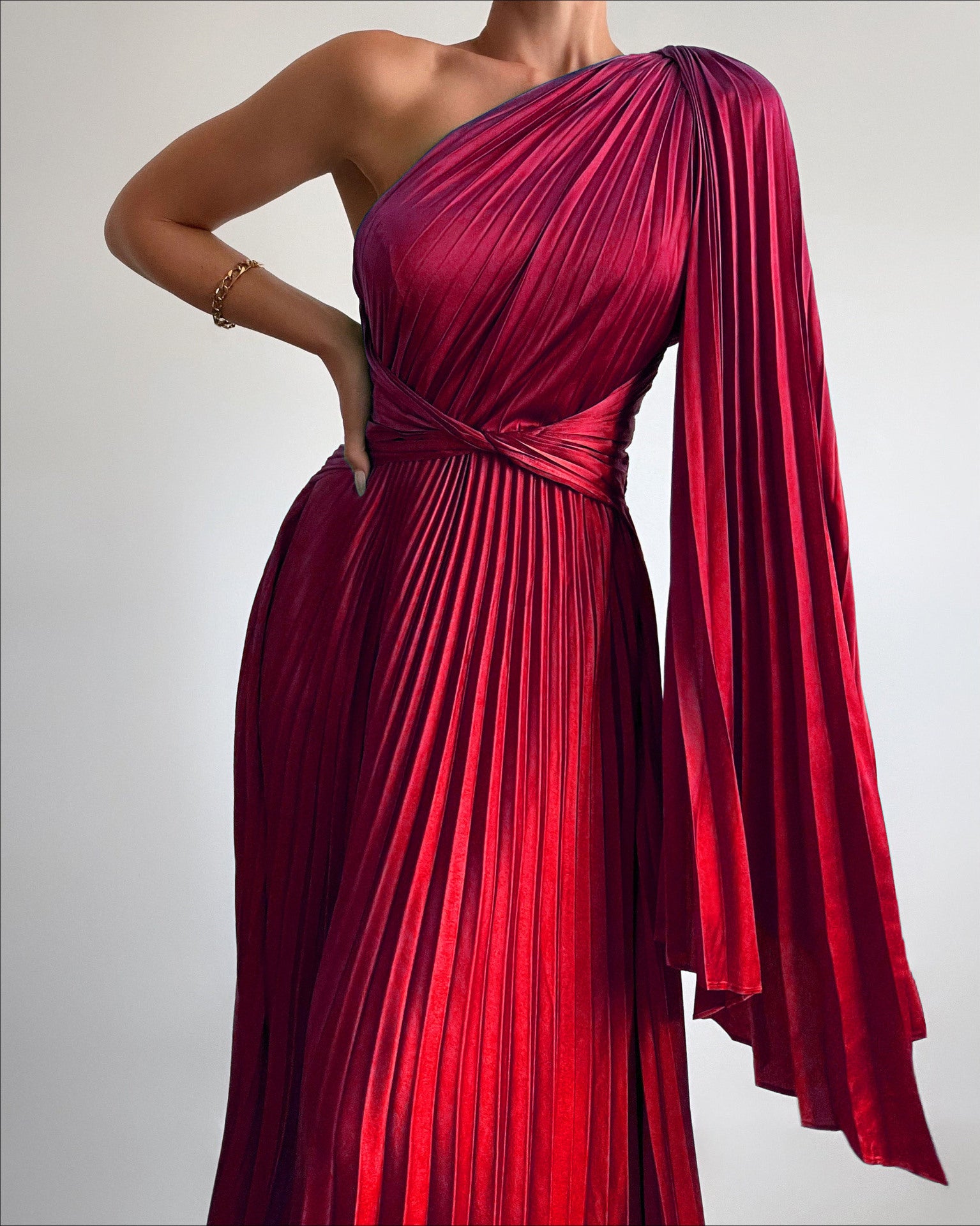 One-shoulder pleated satin dress