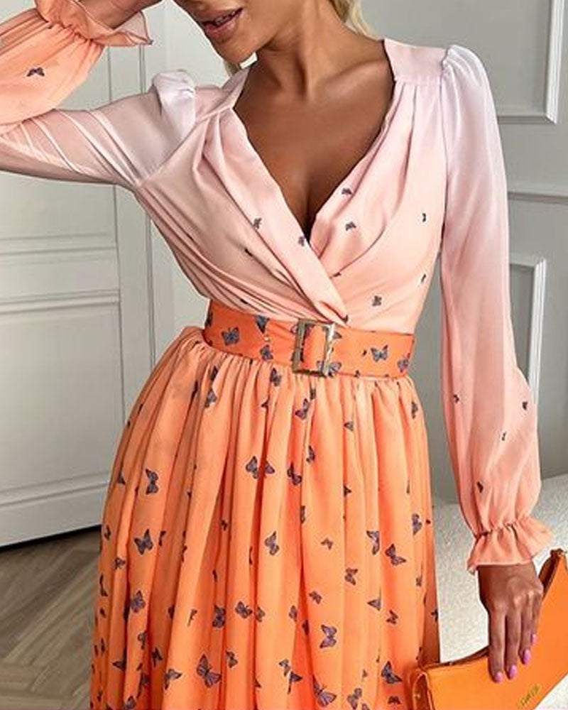 Elegant V-neck Long-sleeve Printed Dress