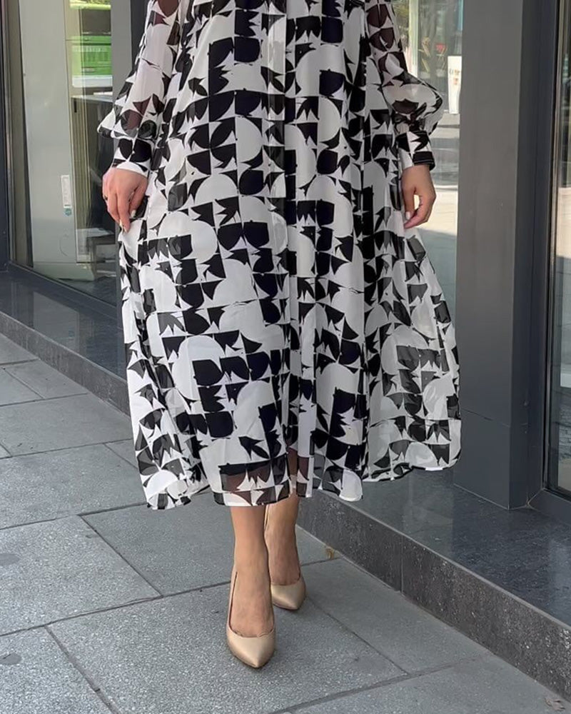 Fashion Casual Lapel Long Sleeve Print Dress