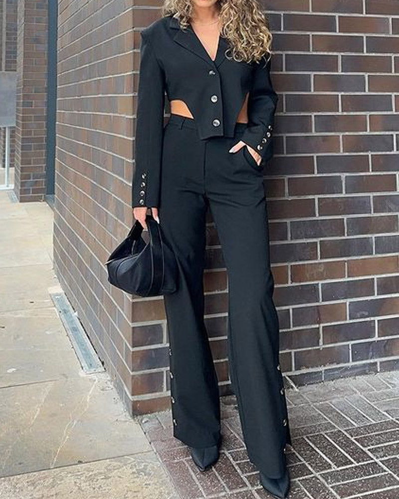 Solid Color Irregular Suit & Buttoned Casual Pants Two-piece Set