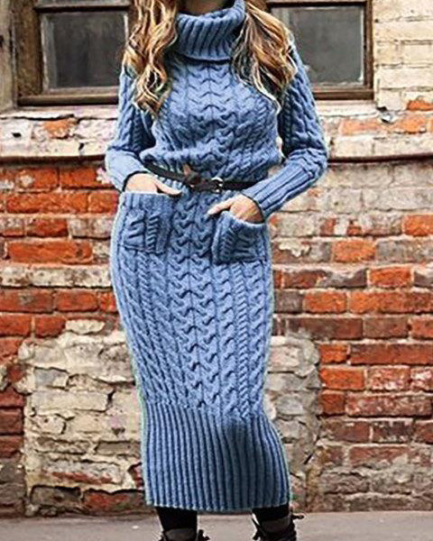 Pullover Pocket Knitted Sweater Dress Plain