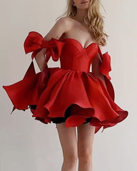 Solid Color Strapless Bow Embellished Puffy Party Dress