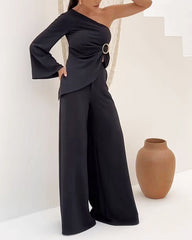 Solid Color One-shoulder Design Top & High-waisted Wide-leg Pants Two-piece Set