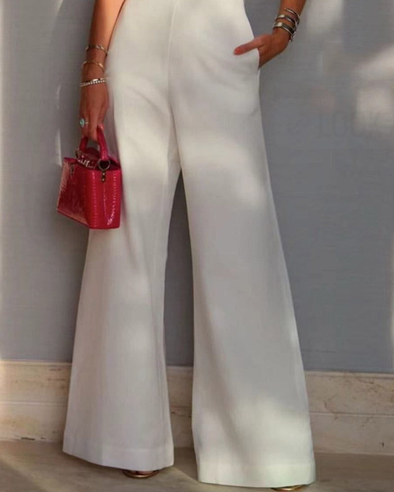 Solid Color One-shoulder Decorative Strap High Waist Wide-leg Jumpsuit