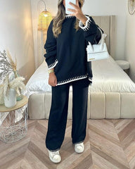 Solid Color Casual Fashion Knitted Line Decorative Two-piece Set