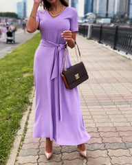 Casual Solid Color V-neck Short-sleeved Dress