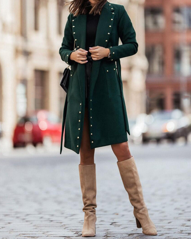 Double-breasted Studded Long-sleeve Lapel Coat