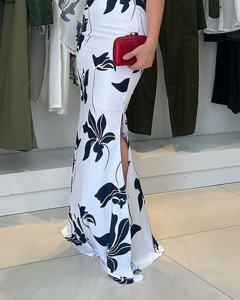 Casual One Shoulder Slit Printed Dress