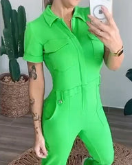 Solid Color Shirt Casual Work Jumpsuit