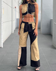 Irregular Color Block Zipper Crop Top & Wide Leg Pants Two-piece Set