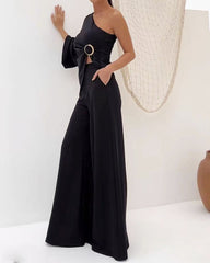 Solid Color One-shoulder Design Top & High-waisted Wide-leg Pants Two-piece Set