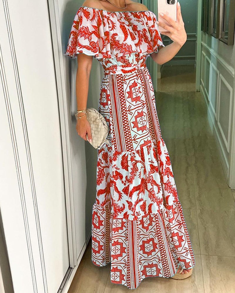 Printed dress with a one-line neck and high waist