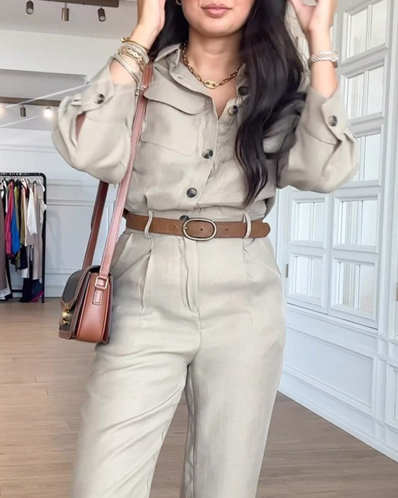 Solid Color Shirt Workwear Casual Jumpsuit