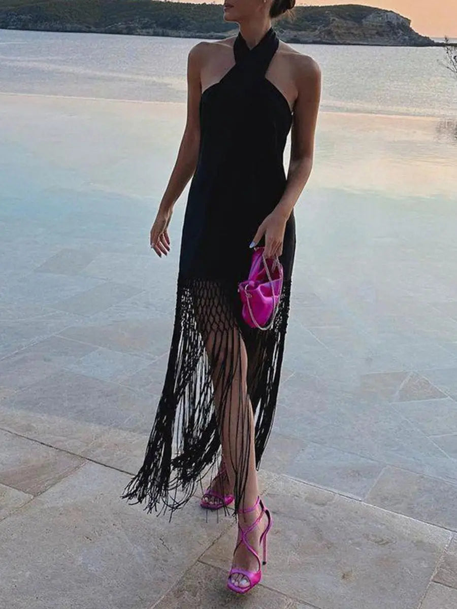 Hanging Neck Tassel Bare Back Midi Dress