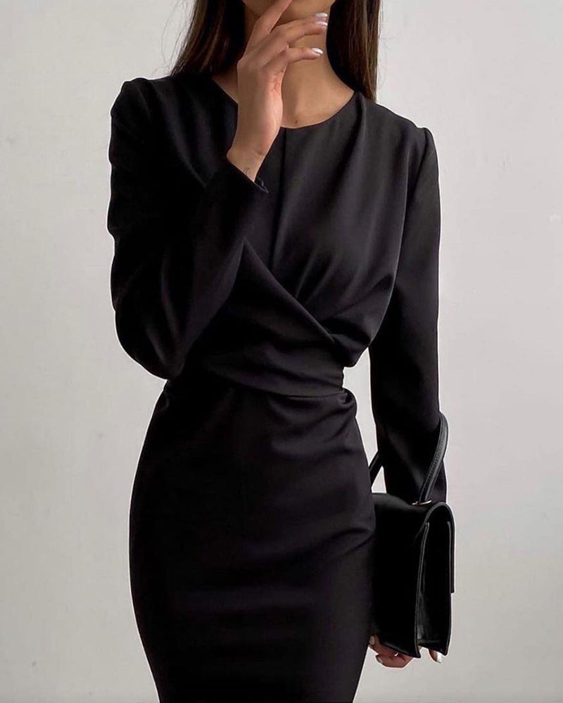 Crew Neck Long Sleeve Pleated Dress