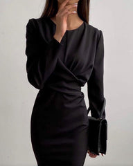 Crew Neck Long Sleeve Pleated Dress