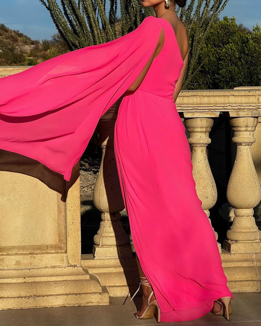 One Shoulder Solid Color Slit Dress