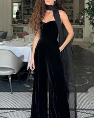 Solid Color Tube Top Velvet Wide Leg Jumpsuit