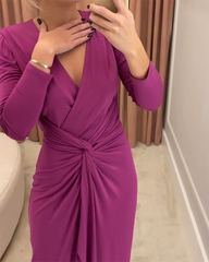 Long Sleeve Knotted Solid Slit Dress