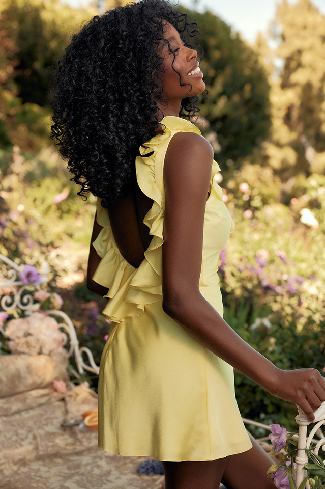 Yellow Silk Satin Ruffle Mini Dress