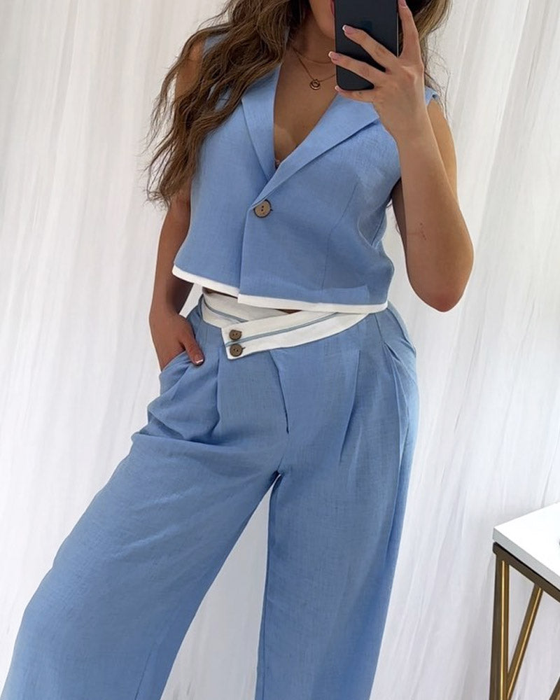 Solid Color Vest & High-waisted Wide-leg Pants Two-piece Set