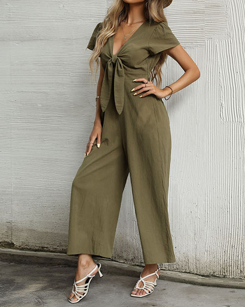 Solid Color Sexy V-neck Cropped Wide-leg Jumpsuit