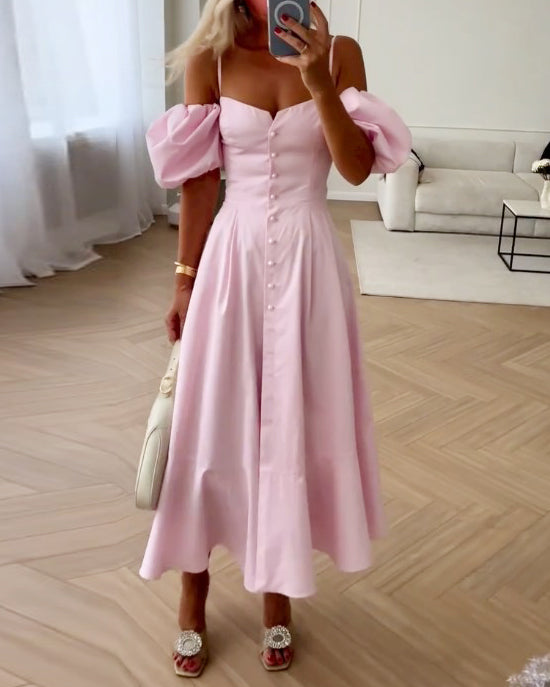 One shoulder puff sleeve solid color dress