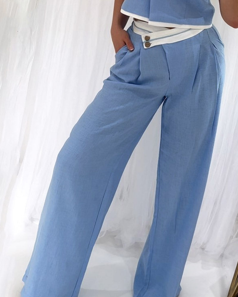 Solid Color Vest & High-waisted Wide-leg Pants Two-piece Set