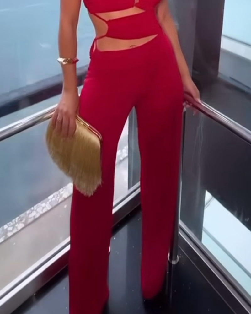 One shoulder solid color hollow jumpsuit