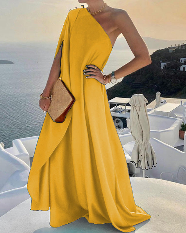 Solid Color Loose One Shoulder Long Dress