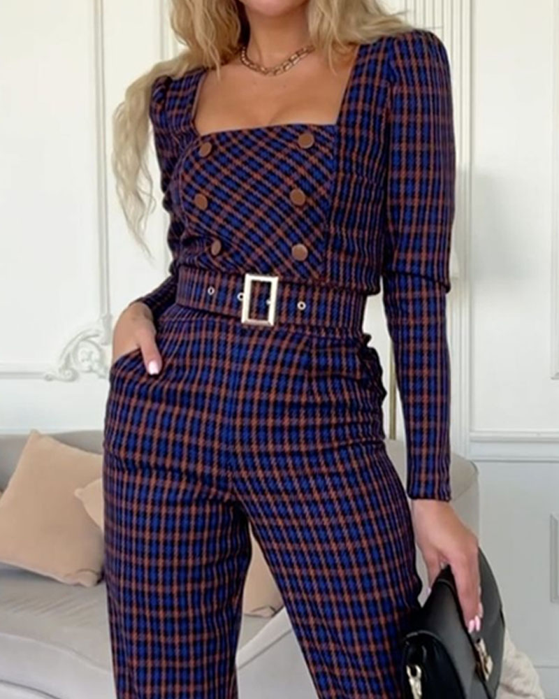 Fashionable Square Neck Plaid Jumpsuit