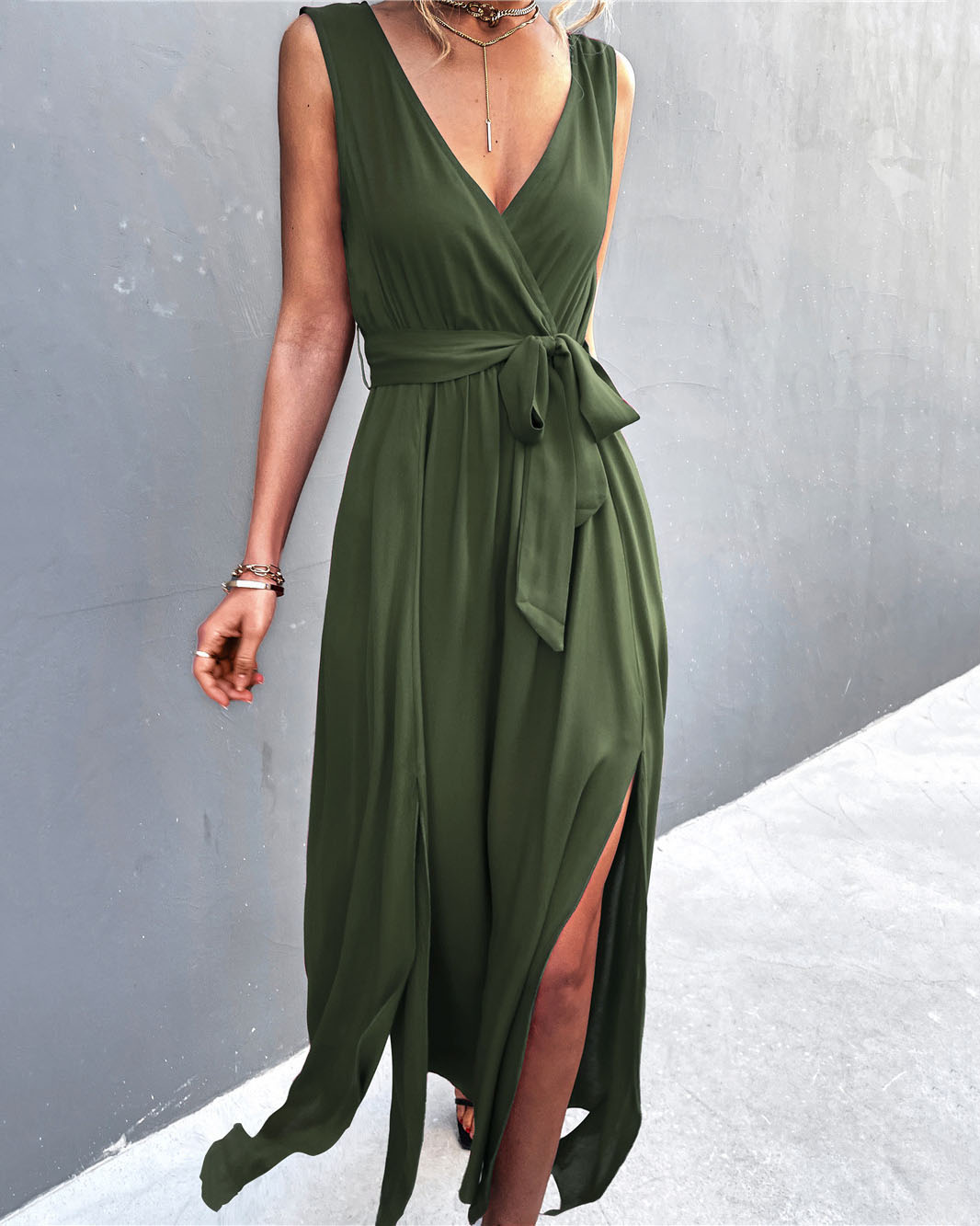 Sexy V-neck cross tie sleeveless slit dress