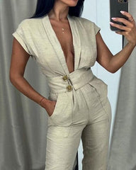 Lapel solid color V-neck jumpsuit