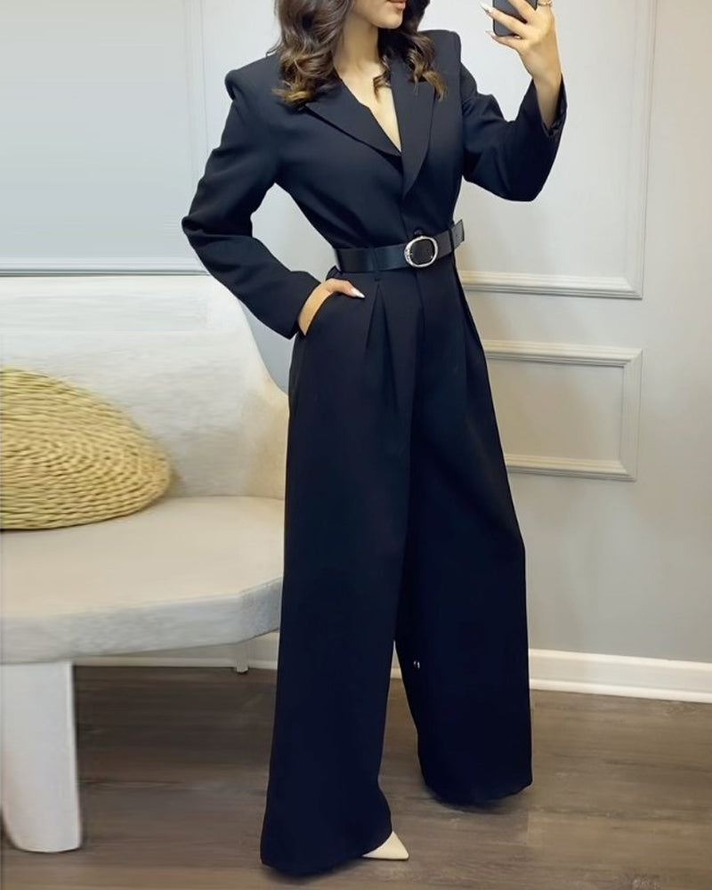 Lapel V-neck solid color waist jumpsuit (belt included)