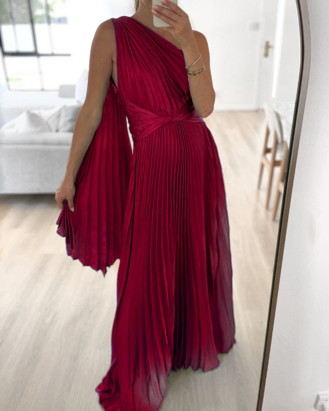 One-shoulder pleated satin dress