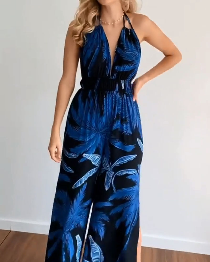 V-neck Halterneck Slit Printed Jumpsuit