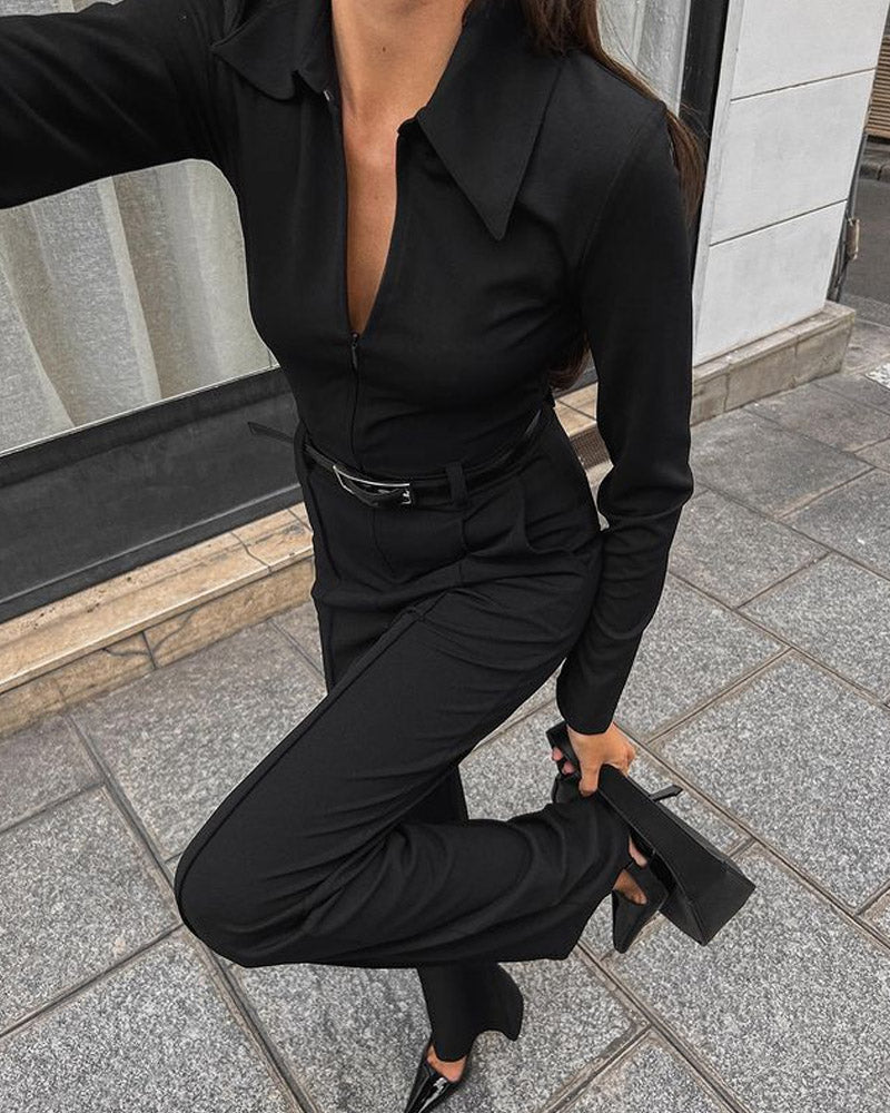 Solid Color V-neck Zipper Casual Wide-leg Jumpsuit