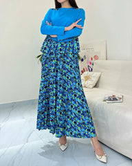 Round Neck Long Sleeve Solid Color Top & Printed Skirt Two Piece Set