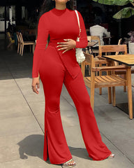 Fashion Solid Color Slit Flared Pants Irregular Top Two-Piece Set