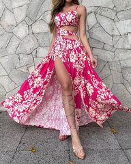 Casual Printed Hollow Slit Dress