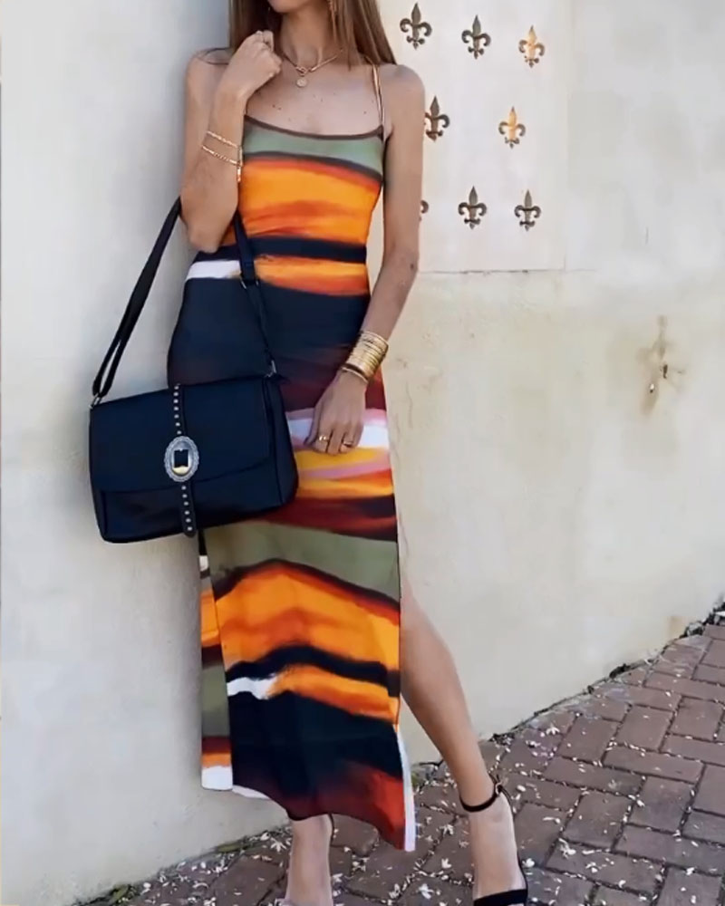 Casual Striped Slit Strap Dress